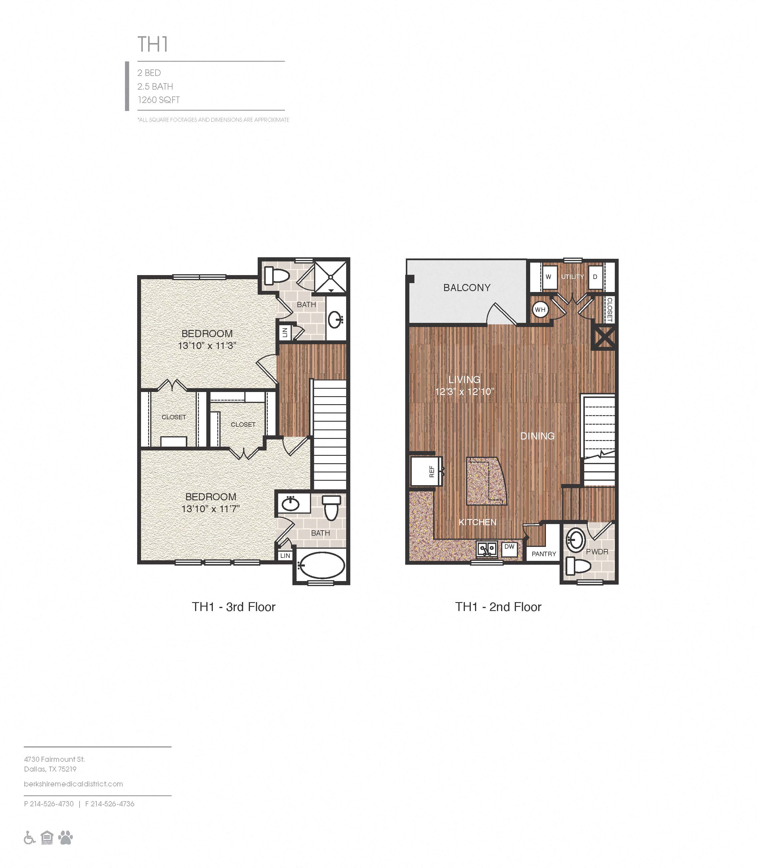 Floor plan for 2 beds, 2.5 baths, 1260 sqft